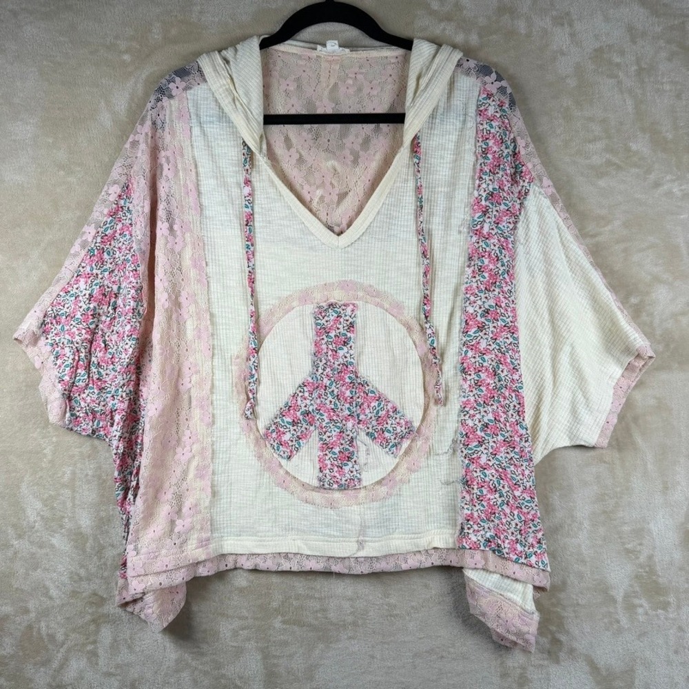 POL Clothing Women S Cream Pink Lace Patchwork Peace Sign Hoodie Top